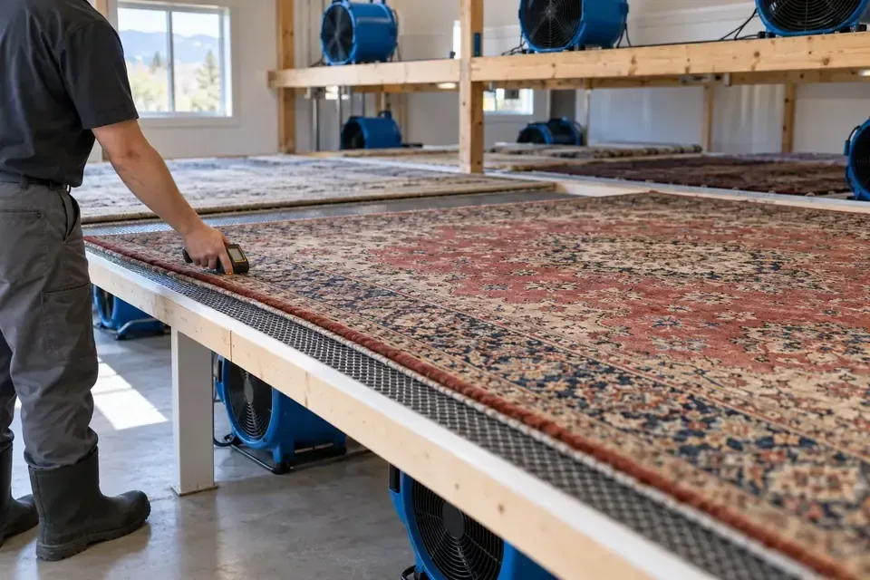 Technician checking an area rug while it dries flat with air circulation