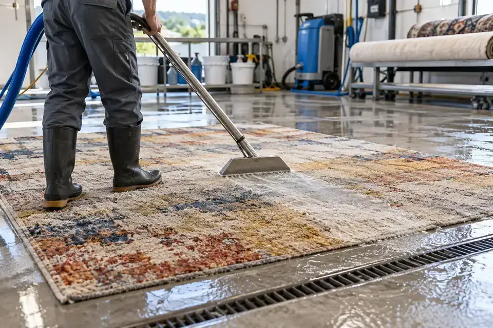 Technician gently washing and rinsing a patterned area rug on a professional wash floor