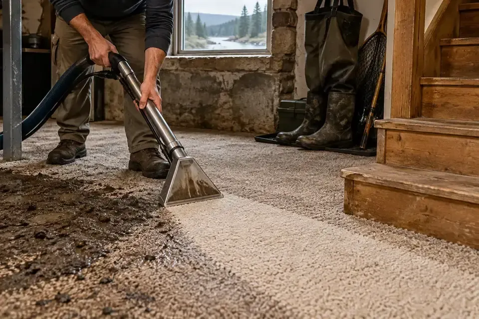 Technician extracting Blackfoot River mud from basement carpet in a Bonner or Milltown home