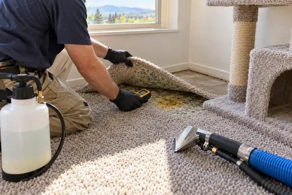 Representative example of cat urine carpet pad inspection