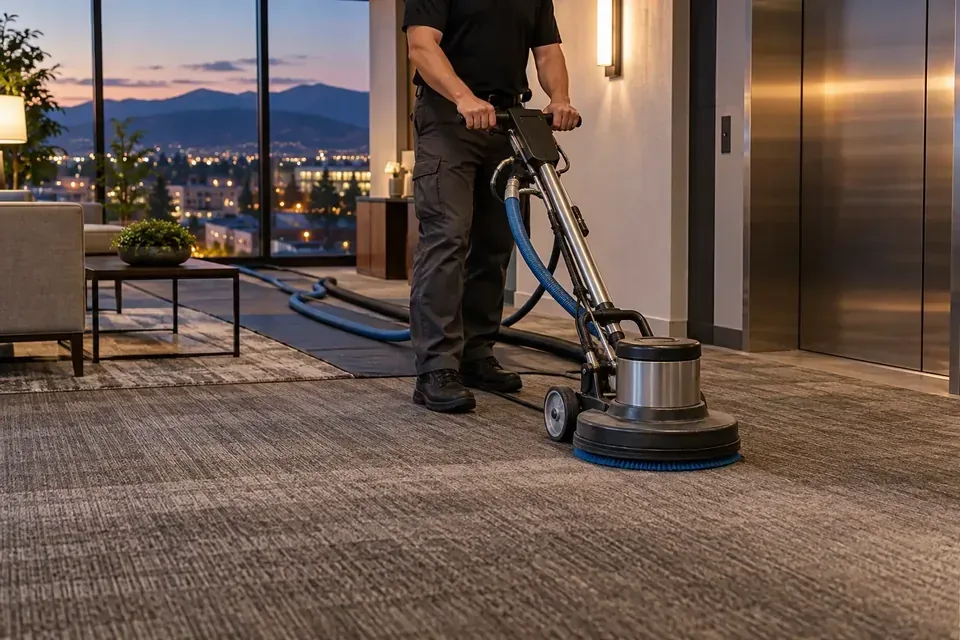 After-hours carpet cleaning in a downtown Missoula condo or office lobby