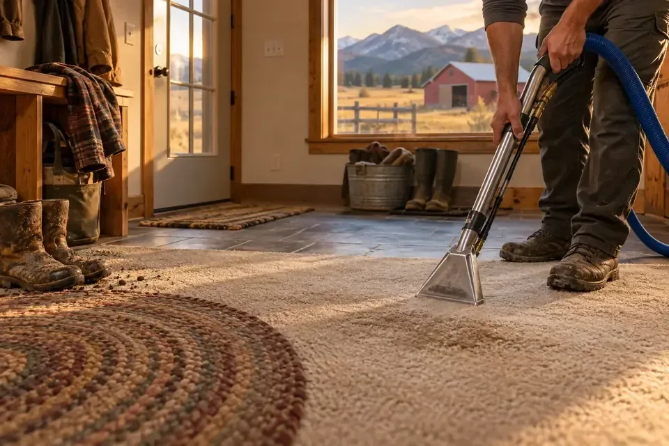 Technician treating soiled carpet in a Frenchtown acreage home
