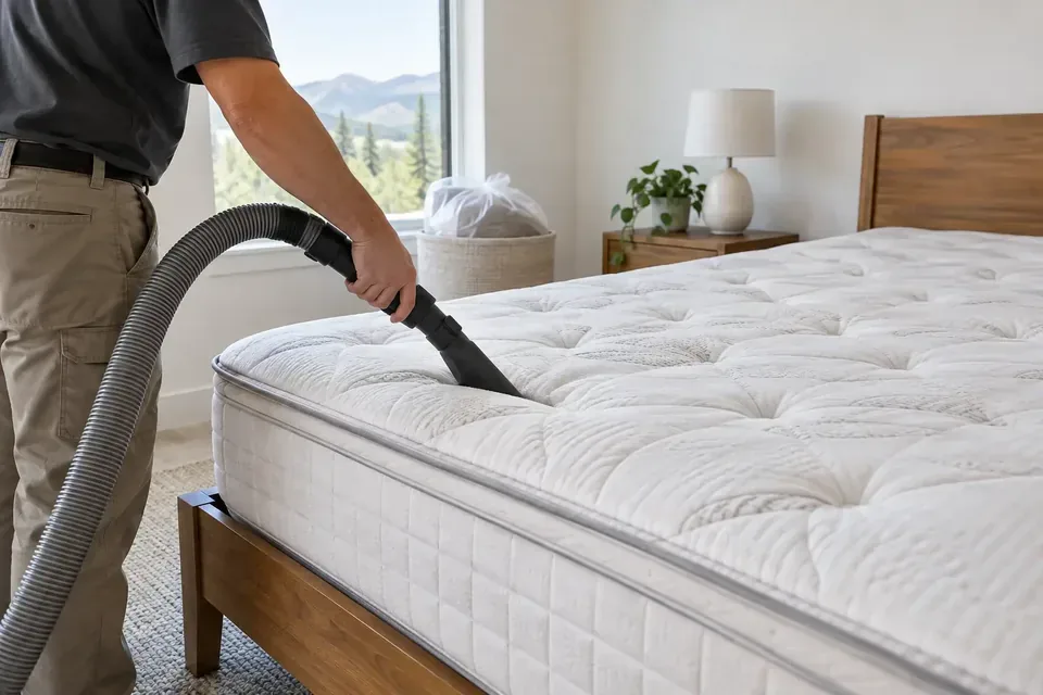 Technician HEPA vacuuming dust and dander from mattress seams
