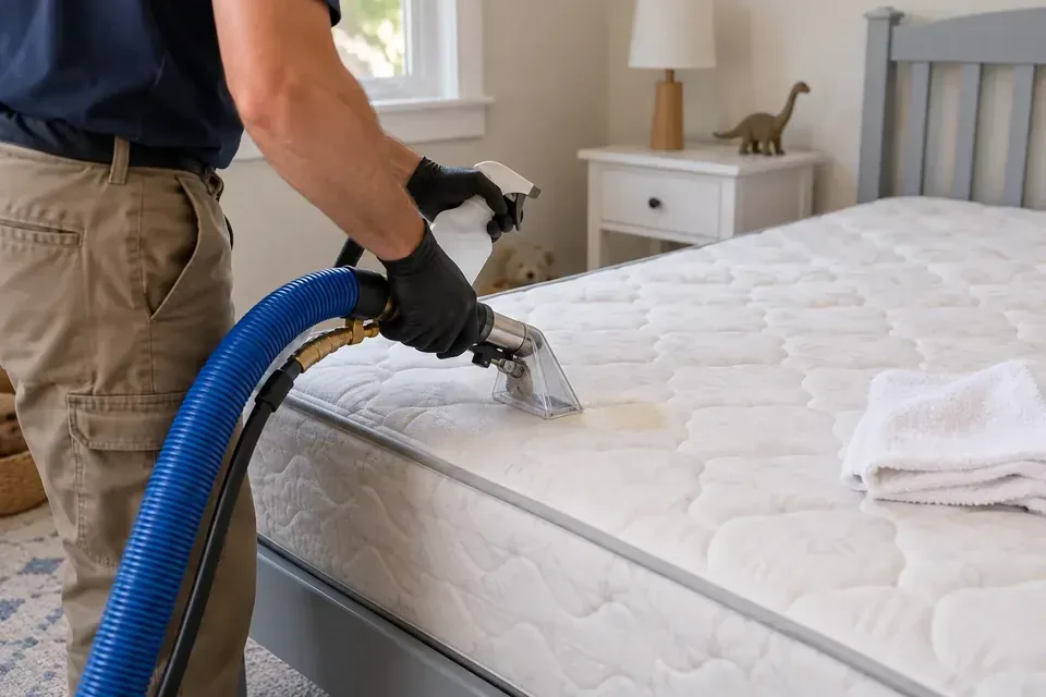 Technician treating and extracting a small urine stain from a mattress