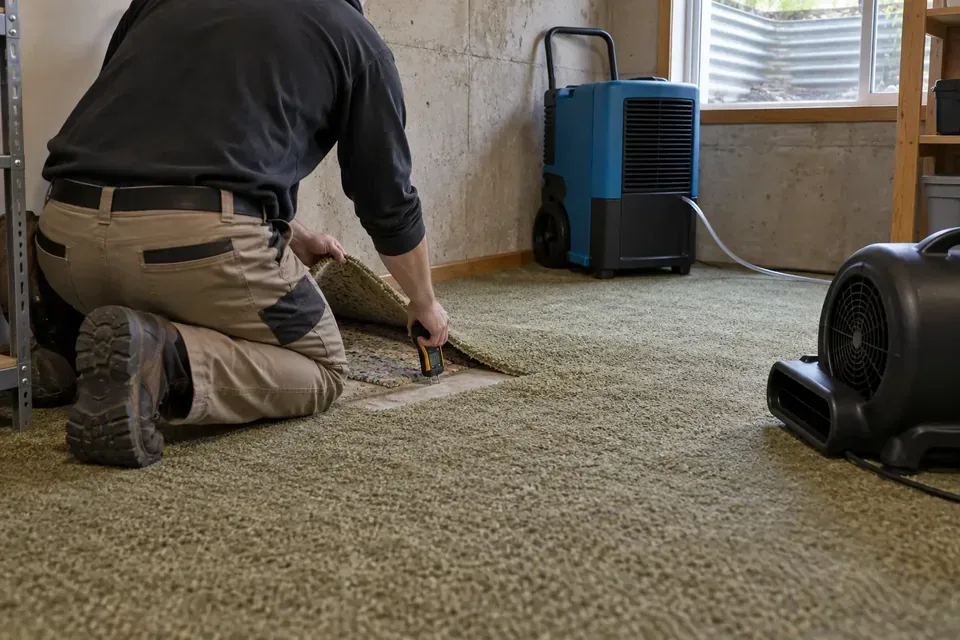 Technician checking damp carpet padding during musty basement odor removal in Missoula