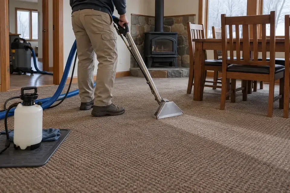 Technician extracting stale smoke odor from carpet in a Missoula rental home