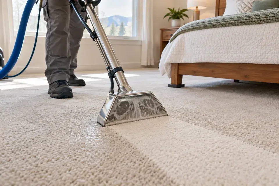 Technician using hot water extraction on bedroom carpet in Missoula